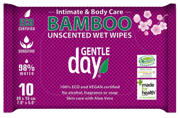 BAMBUSOVÉ UBROUSKY Gentle Day pro intimní hygienu 10ks - vlhčené, neparfémované