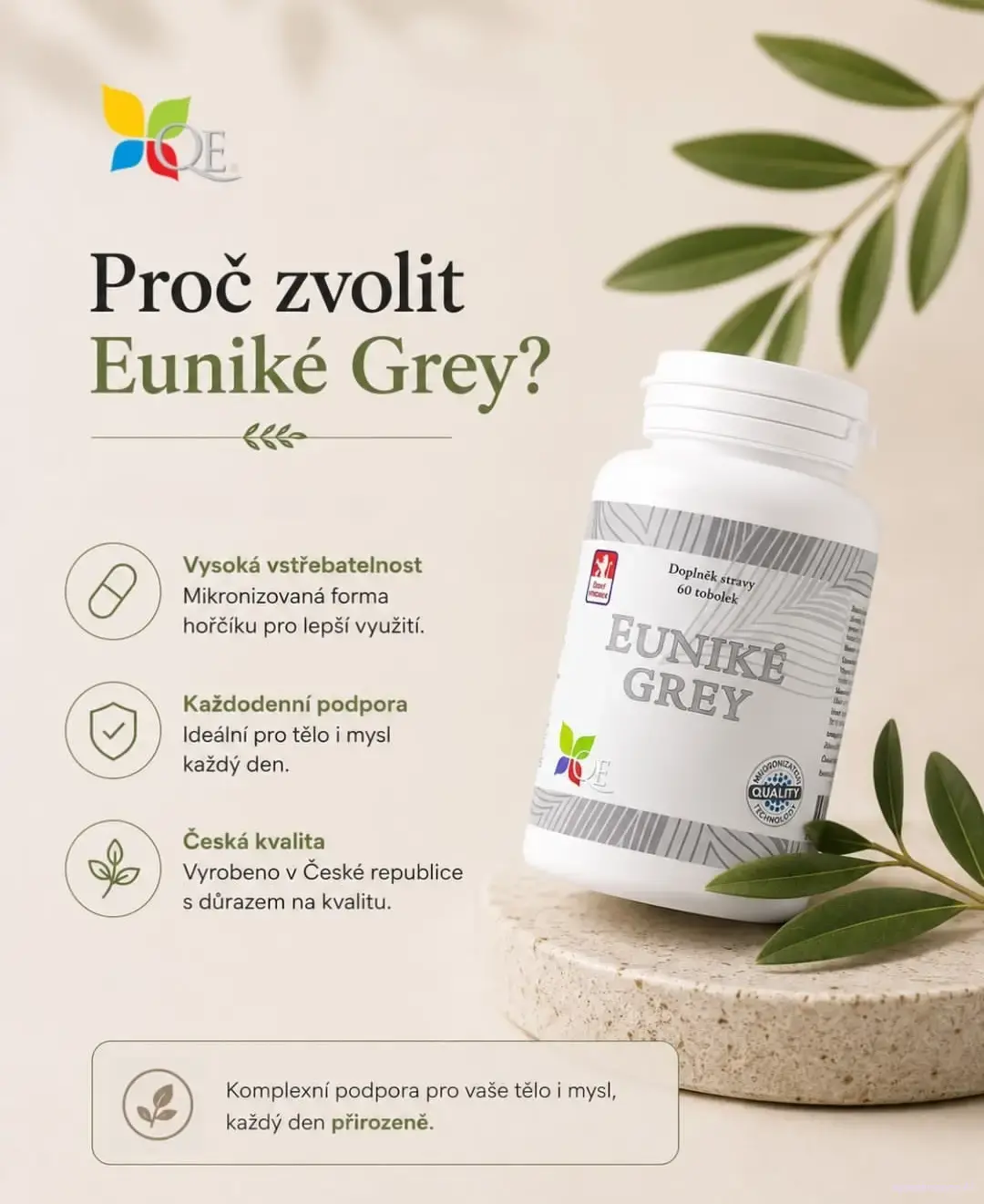 EUNIKÉ GREY při zvýšeném vypětí | hořčík, vitamin B6, niacin, kys. listová (B11) | zvýšený účinek mikronizací | český výrobek | 60 tobolek